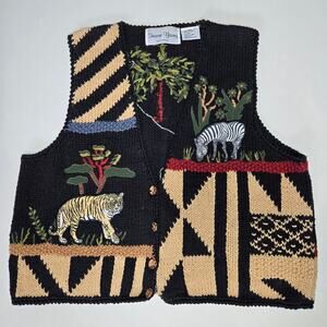Sharon Young Vtg 3D Knit Sweater Vest M Embroidered Safari Jungle Zebra Tiger